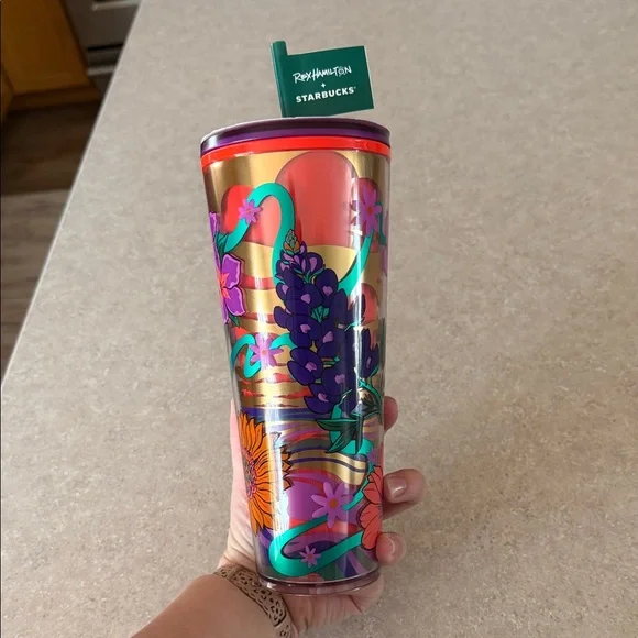 Starbucks Gold Tumbler with Floral Accents Rex Hamilton - Picture 4 of 5